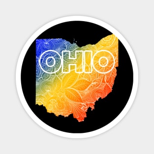 Colorful mandala art map of Ohio with text in blue, yellow, and red Magnet